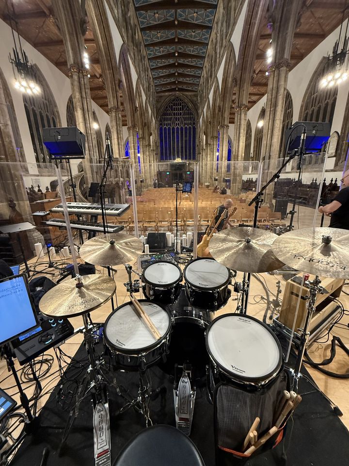 Drummer's view of the kit in a cathedral nave