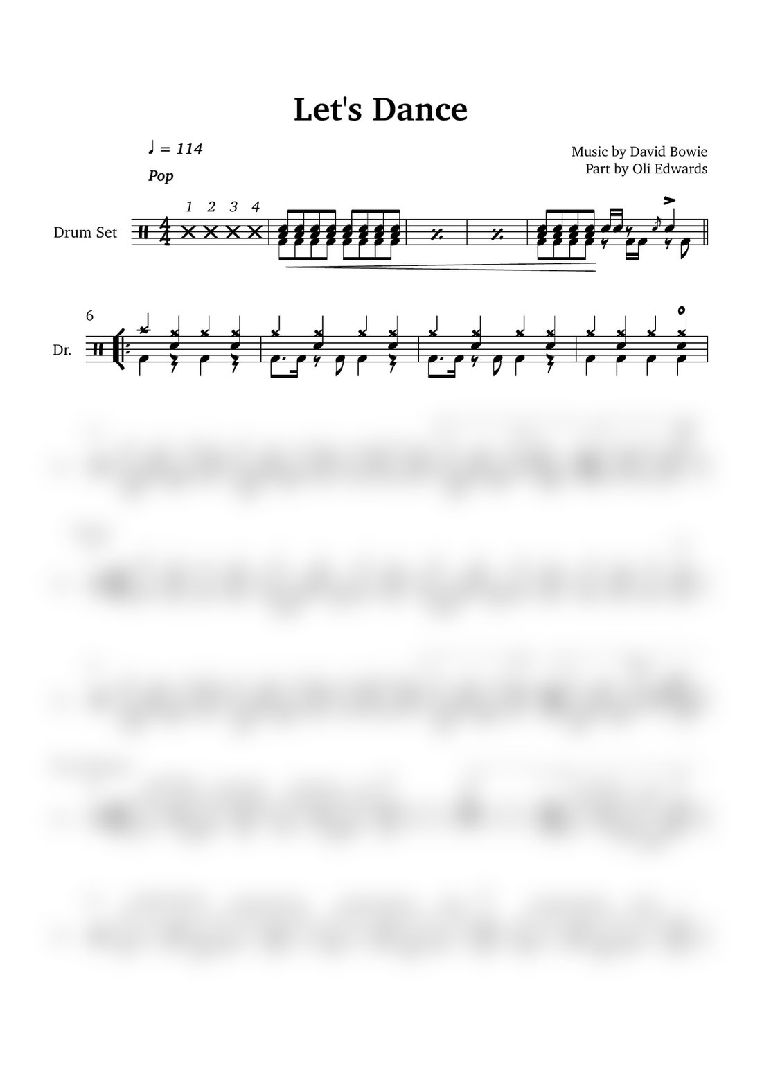Preview of Oli's Let's Dance drum chart: the first two lines of music are clear, the rest of the page is blurred